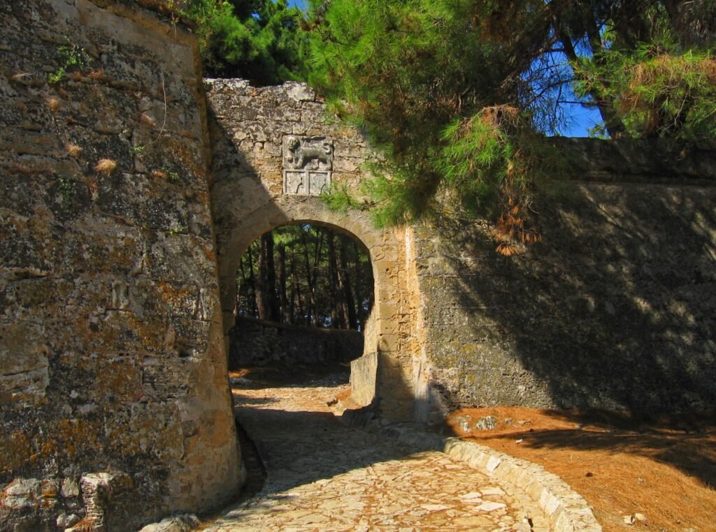 The main gate of the Venetian Fortress in Zakynthos featuring the carved stone Lion of Saint Mark.